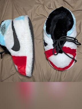 plush sneaker slippers |retro basketball style blue red white cozy| one size new